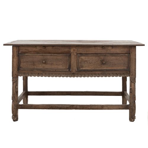Console table. 20th century. Inked wood carving. Rectangular top, 2 drawers with handles.