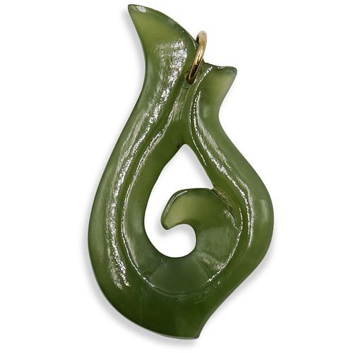 14k and Chinese Carved Green Jade Pendant