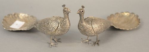 Pair silver peacocks with moveable wings, ht. 4 1/4", lg. 10", 9.4 t.oz.