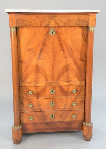 French Empire secretaire, 19th C., with marble top and columns and brass mounts, ht. 58", wd. 37".