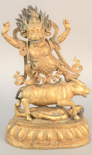 Three-piece Tibetan bronze fertility figure, total ht. 13", wd. 8 1/2".
