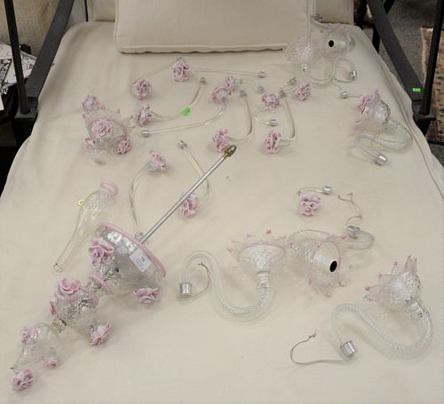 Murano art glass chandelier clear glass with pink and white flowers, six light, is apart for easy shipping.