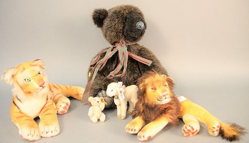 Five stuffed animals, small Steiff bear, ht. 3 3/4" with jointed arms and legs, Steiff lion, tiger and sheep along with Theodore James bear, ht. 21".