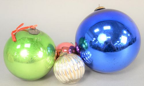 Group of four Kugel ornaments, large blue dia. 6", silver ribbed, red and green.