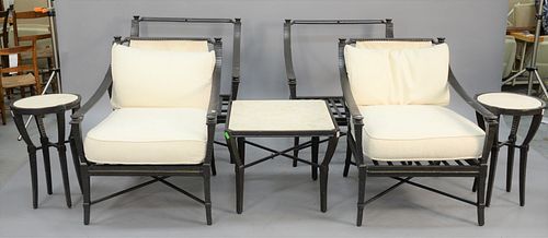 Richard Frinier for Century seven-piece outdoor lot to include four armchairs (two without cushions) along with a pair of round side tables and a squa