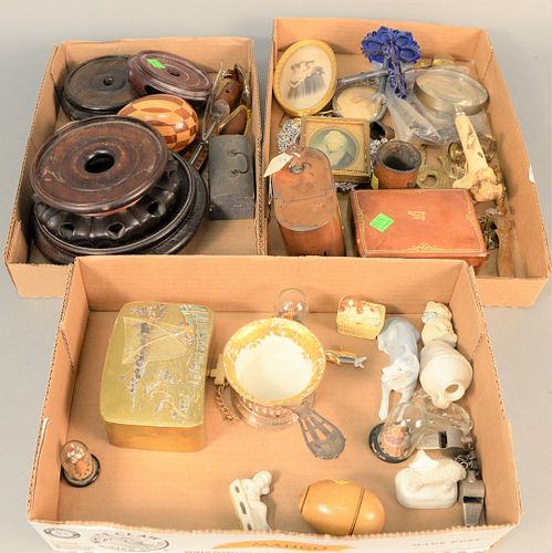 Three tray lots of assorted items to include Japanese mixed metal box with fisherman scene, Chinese stands, curtain tiebacks, picture frames, sterling