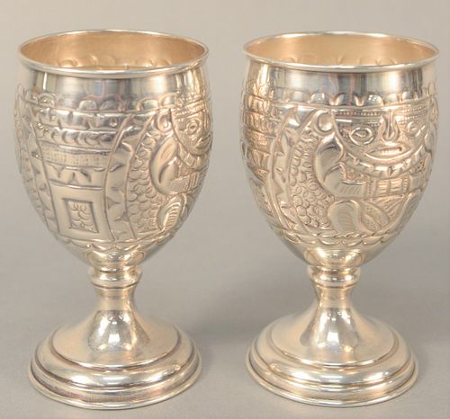 Set of six Continental silver stems with Mayan-style designs, ht. 5", 19.2 t.oz.