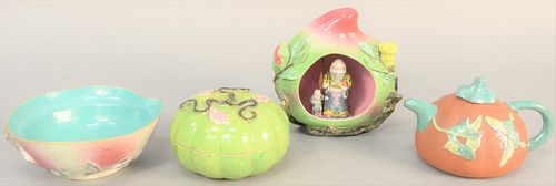 Four-piece Chinese group to include porcelain green gourd box with molded vine and leaf decoration, chipped, peach bowl with molded stem and leaves, c
