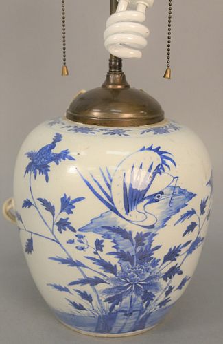 Chinese blue and white ginger jar made into a table lamp with painted crane, vase ht. 9 3/4", total ht. 19 1/2".