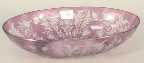 Steuben etched glass center bowl, amethyst with clear etched glass flowers, marked 'Steuben' in block letters on bottom, ht. 3", top 9" x 14". Provena