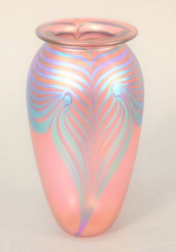 Robert Eickholt art glass vase, mauve and turquoise, pulled feather design, signed 'Eickholt, 1991' to base, ht. 6 1/2". Provenance: The Estate of Ed 