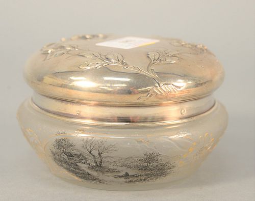Daum Nancy acid etched powder jar with painted scene, man in boat and house with sterling silver top, ht. 3 1/4", dia. 5 1/4".