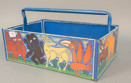 Rex Clawson (1929 - 2007), folk art painted tin pail with handle, painted with animals, signed and dated '1976' on bottom, ht. 9 1/2", lg. 18 1/4".