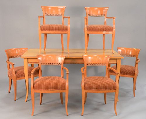 Seven piece contemporary dining set having rectangular top raised on cabriole legs, ht. 32", top 38" x 69" along with six armchairs having upholstered