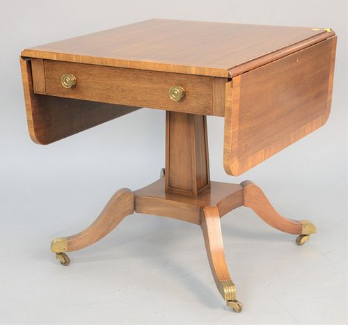 Banded inlaid drop-leaf having one drawer on pedestal base and brass capped feet, top 25 1/2" x 26 1/2".