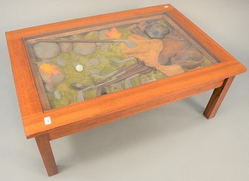 Carved golf etiquette coffee table having carved interior with glass top signed 'W. Herriot', ht. 17 1/2", top 32" x 47".