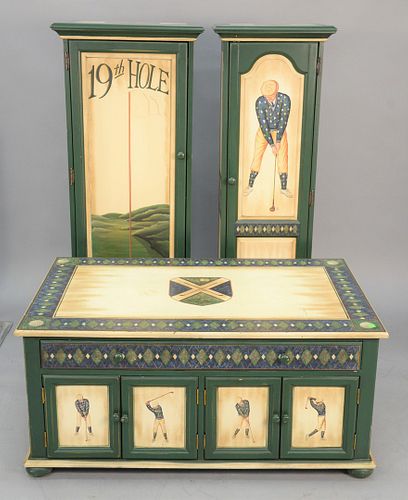 Three-piece gold themed lot to include two painted entertainment cabinets along with a painted coffee table with fitted drawers, ht. 20", top 26" x 44