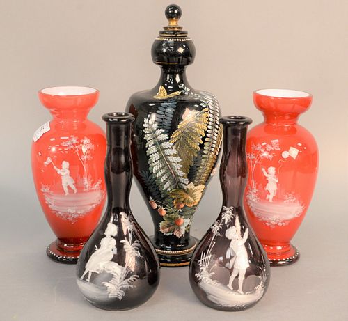 Five glass vases to include pair of amethyst Mary Gregory vases, pair of red Mary Gregory case glass vases having scene with boy holding a balloon and