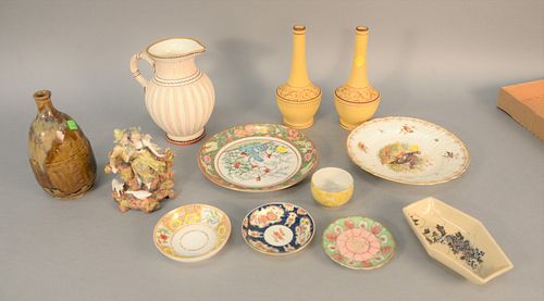 Two tray lots of porcelain and glass to include Royal Worcester pitcher, pair of Bristol glass vases, glazed jug, porcelain cup and saucers, plates, e