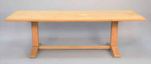 Oak farm-style table with tressel base, ht. 29", top 36" x 96".
