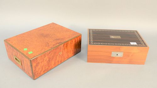 Two humidors, ht. 5", wd. 14 1/2' with inlaid top along with Elie Bleu, Paris burl humidor, ht. 5 1/2", wd. 16".