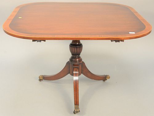 Banded inlaid dining table on pedestal base having one 15" leaf, ht. 30", top 45" x 45", open 45" x 60"..