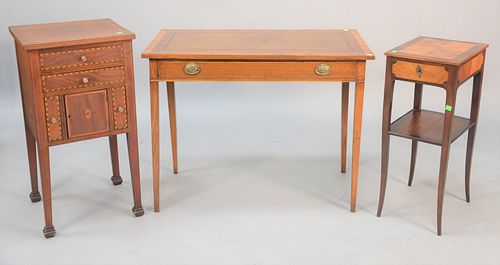 Three-piece lot to include English inlaid occasional table, ht. 28", top 19" x 36" along with two inlaid stands.