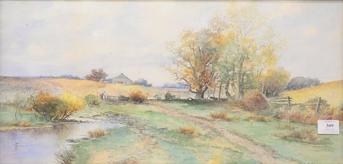 Dubois Hasbrouck (1860 - 1934) watercolor, farm landscape, signed 'D.F. Hasbrouck - NY' lower right, 'Christies' label on back, 13" x 28".