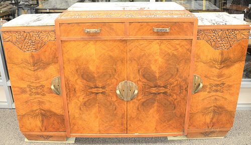 Art Deco sideboard with three marble tops, four doors, two drawers, one marble with two small repairs, ht. 45", wd. 72".