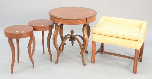 Four-piece lot to include pair of side tables with one drawer each, Schlager upholstered bench, along with a round occasional table, ht. 27", dia. 25 