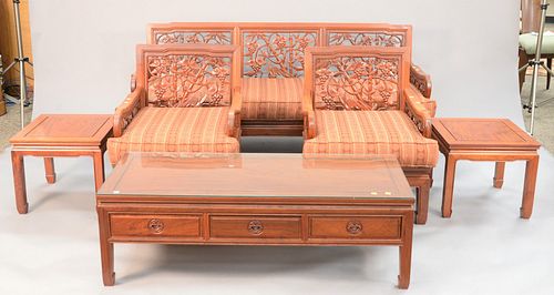 Six piece Chinese-style set to include settee, lg. 74", two armchairs, coffee table, two side tables.