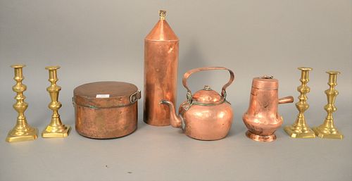 Group of eight items to include two pairs of brass push-up candlesticks, four 18th C. or later copper pieces, tallest 16".