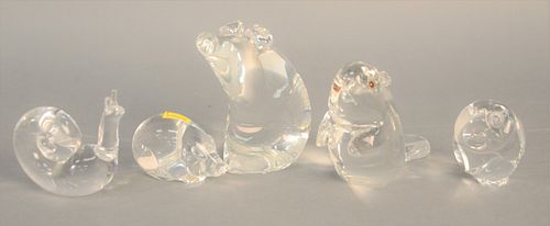 Five Steuben crystal figures to include owl, pig, snail, large pig, ht. 4 1/2" and a squirrel.