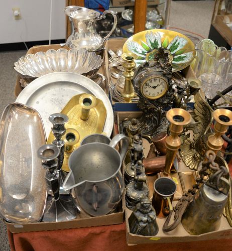 Four tray lots to include Edward Starr signed enamelled copper dish, two iron lamps, silverplate flatware set, French mantle clock, brass, etc.