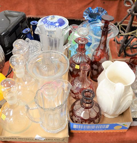 Five tray lots of miscellaneous glass and china, Ruby Flash decanters, vases, hobnail glass, art glass pitcher, Chinese porcelain pot, salt glazed pit