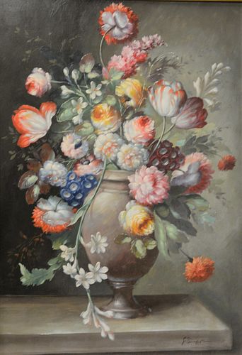 Still life of bouquet of flowers in an urn, unknown artist, signed illegibly lower right, 20" x 16".
