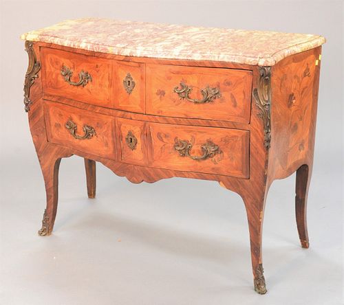 Marquetry inlaid Louis XV style commode having marble top over two drawers, one corner of marble with chip, some veneer damage, ht. 33", wd. 41".