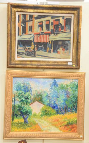 Group of six oil paintings to include oil on canvas by Howard Claney (1898 - 1980) "Street Scene" gallery label on back, along with two oil on masonit