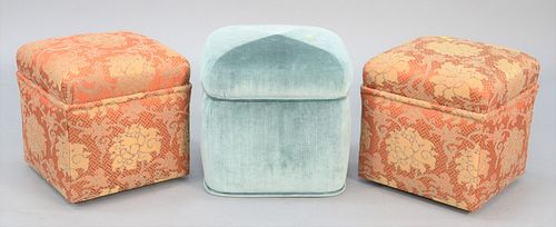 Three custom upholstered ottomans to include a matching pair, ht. 18", top 16 1/2" x 16 1/2". Estate of Marilyn Ware Strasburg, PA.