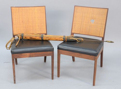 Four-piece group to include pair of John Stuart side chairs, harpoon and vintage saw blade.