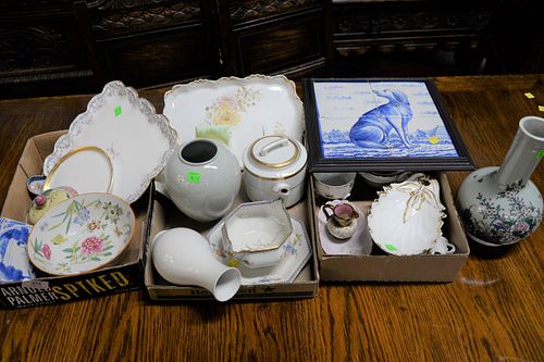 Three tray lots of porcelain to include vases, dresser set, vanity trays, Chinese bowl, blue and white dog tile, etc. Estate of Tom & Alice Kugelman.