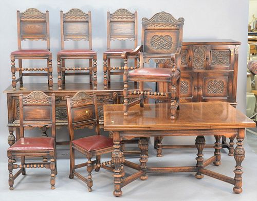 Nine piece Jacobean-style dining set to include table along with six chairs, two with arms, sideboard, ht. 36", wd. 72" and china cabinet having two d