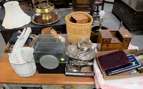 Large group of assorted items to include leather desk set, copper coal hod, mahogany miniature chest, silverplate, baskets, quilt, etc. Estate of Tom 
