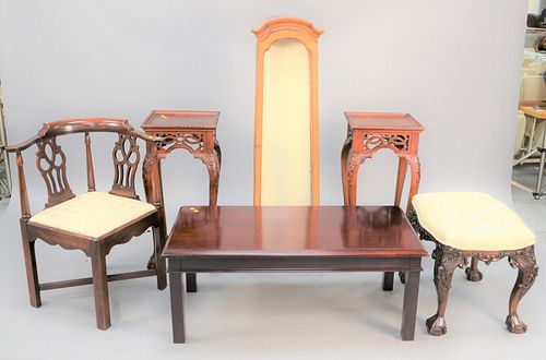 Six-piece lot to include curio cabinet, ht. 54", coffee table, mahogany corner chair, pair Chinese-style fern stands along with upholstered ottoman wi