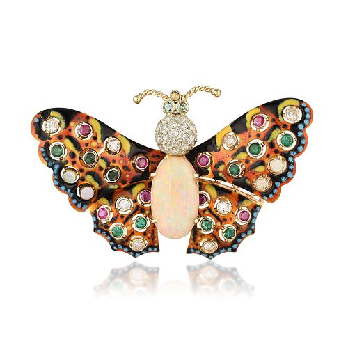 Multi-Colored Gemstone and Enamel Butterfly Brooch