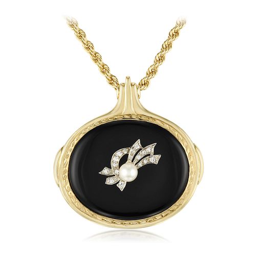 Onyx Diamond and Cultured Pearl Pendant Necklace