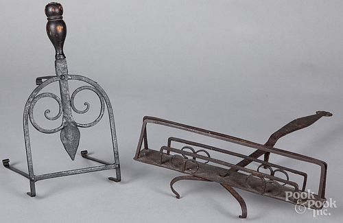 Wrought iron fireplace toaster and trivet, 19th c