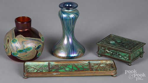 Tiffany Studios bronze and slag glass pen tray