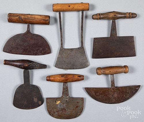 Six early iron and wood food choppers.