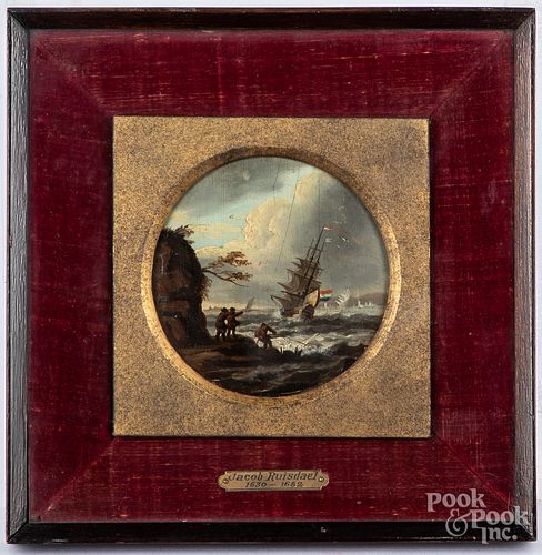 Miniature oil on board coastal scene with ship